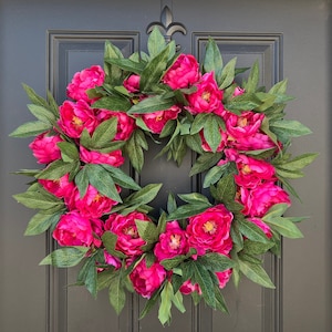 Faux Pink Peony Wreath, Front Door Peony Wreaths, BEST SELLER Wedding Door Decor, Spring Door Wreath, Peony Wreaths for Spring Hot Pink (Shown)