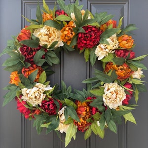 Fall Wreath for Front Door, Fall Peony Wreaths, Autumn Decor, Harvest Outdoor Accents, Fall Seasonal Wreath, Thanksgiving Holiday Door Decor