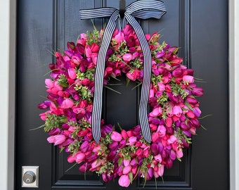 Poppy Pink Tulip Wreath with Boxwood, Spring Front Door Tulip Wreath