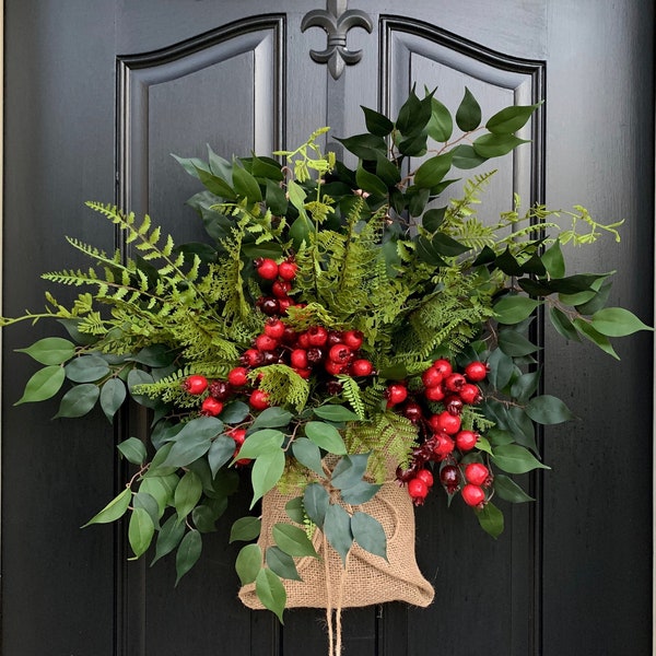 Winter Baskets for Front Door, Burlap Wrapped Bouquet, Farmhouse Style