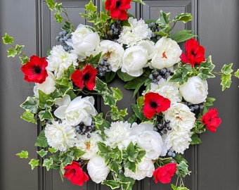 Summer White Peony and Red Poppy Wreath, Blueberry and Ivy Door Wreaths, Fourth of July Decor, Outdoor Patriotic Decorations, Twoinspireyou