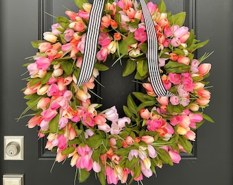 Spring Tulip Wreaths, NEW Pink Tulip Wreath for Spring with Black and White Ribbon