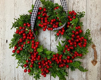 Holiday Boxwood and Red Berry Wreath, Front Door Wreaths for Christmas