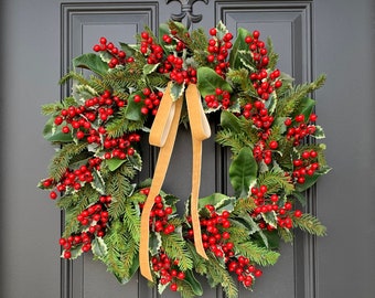 NEW Nostalgic Holly Berry Wreath with Magnolia and Evergreen