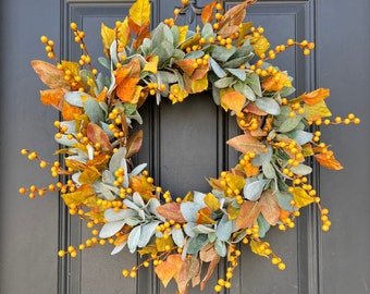 Fall Orange Berry and Lambs Ear Wreath, Birch Leaves