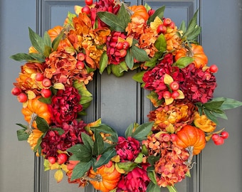 Autumn Sunset Wreath, Fall Hydrangea and Peony Wreath with Pumpkins