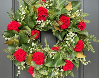 Americana Patriotic Wreath, Red Geranium Wreath, Decorative Wreath, Outdoor Wreaths, Magnolia and Fern Front Door Wreaths