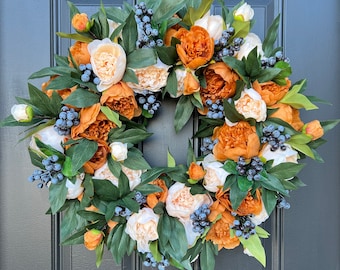 24 Inch Spring Peony Wreath with Blueberries, Front Door Coffee and Cream Peony Wreaths, Blueberry Decor for Summer