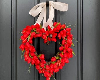 Red Heart Decor, Front Door Wreaths, Tulip Heart Wreath, Spring Decor