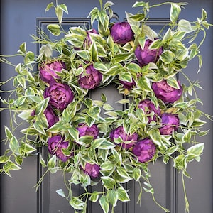 Purple Peony Wreaths, Spring Variegated Green Vine Wreath, Summer Door Wreaths, Spring Wreath with Greenery