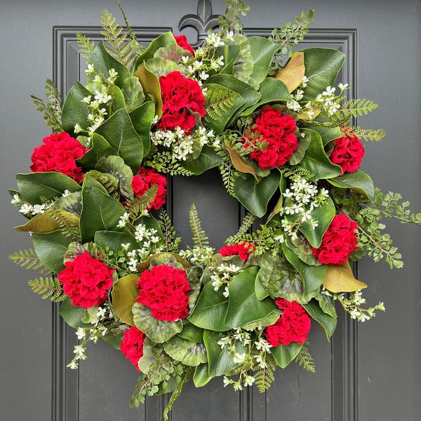 Americana Patriotic Wreath, Red Geranium Wreath, Decorative Wreath, Outdoor Wreaths, Magnolia and Fern Front Door Wreaths