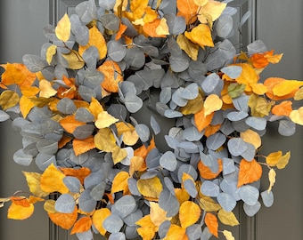 Blue Eucalyptus Wreath with Golden Foliage, Front Door Fall Foliage Wreaths