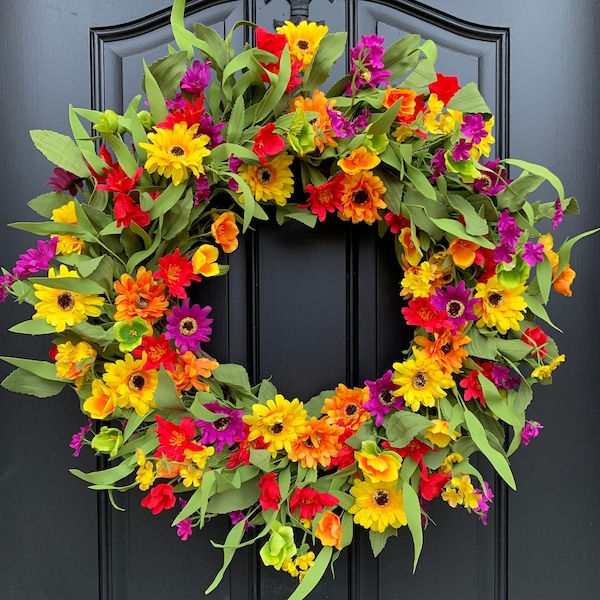 SUMMER FIESTA DECOR, Summer Daisy Door Wreath, Spring Hanger for Front Door, Summer Flower Wreath, Summer Door Wreaths, Multi Colored Wreath