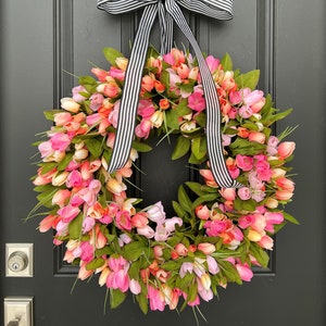 Spring Tulip Wreaths, NEW Pink and Peach Tulip Wreath for Spring with Black and White Ribbon