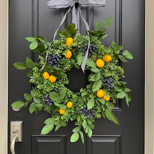 Front Door Wreaths, Lemons and Blueberries, Yellow Lemons Wreath, Boxwood Wreaths, Spring Decor, Wreaths, Corporate Gifts