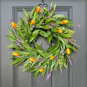 NEW Spring Real Touch Tulip Wreath, Orange Tulips Wreaths, Willow and Lavender Wreath, Springtime Door Decor, Outdoor Wreaths for Front Door