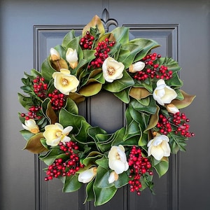 Home for the Holidays, Classic Christmas Wreath, Magnolia and Berry Holiday Wreath