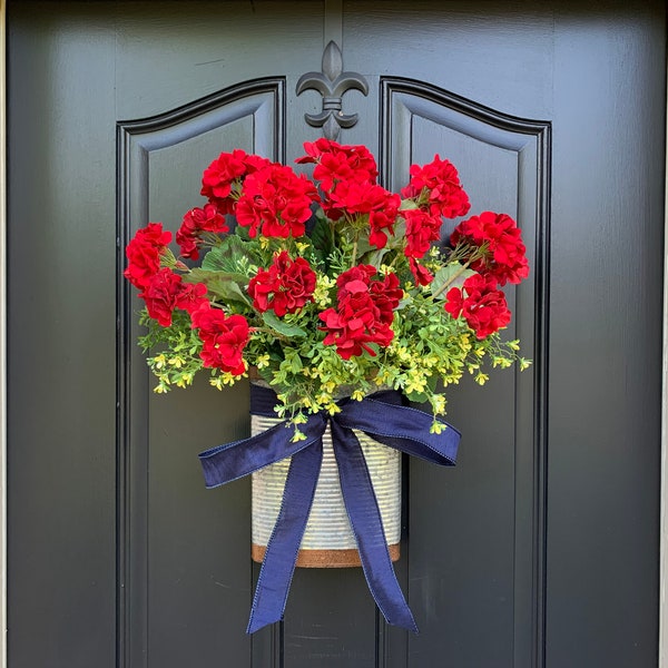 Red Geranium Basket for Front Door | Summer Door Bucket Wreath | Red Geranium Wreath | Americana Door Decor | Garden Basket