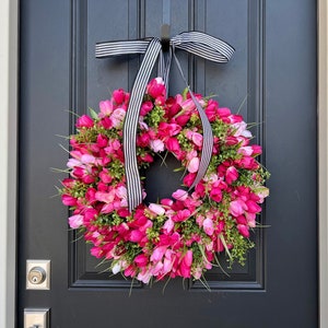 Pink Tulip Wreath, Spring Front Door Tulip Wreath image 1