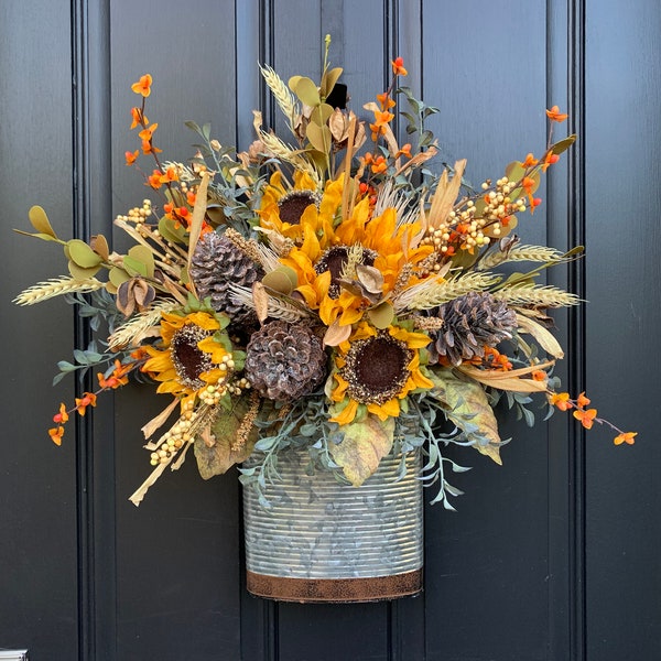 BEST SELLER 2023 Farmhouse Sunflower Door Bucket Wreath, Fall Bucket Wreath, Sunflower Basket, Fall Sunflower, Twoinspireyou, Trending Decor