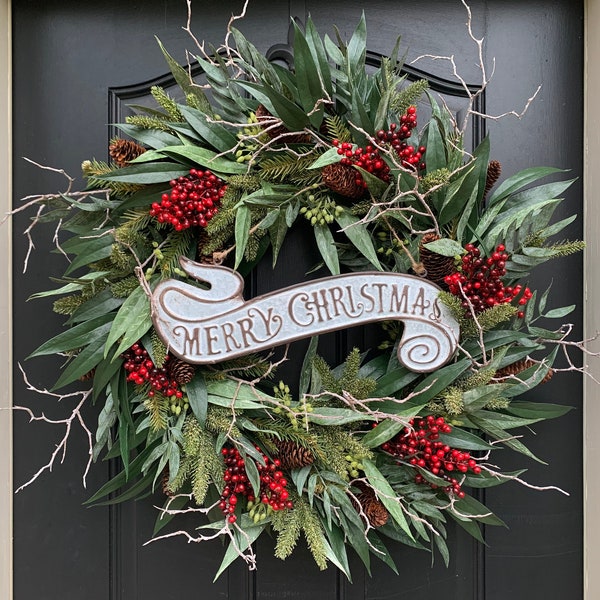 Christmas Wreath, Holiday Wreath Decor, Premium and Luxury Wreath, Metal Christmas Sign, Pine and Red Berry Wreath, Pinecone and Twig Wreath