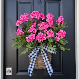 Summer Pink Geranium Basket, Front Door Baskets for Summer