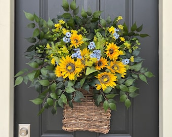 READY TO SHIP, Summer Cottage Door Basket Wreath, Sunflower Bouquet, Wildflower Basket for Front Door, Handcrafted by Twoinspireyou