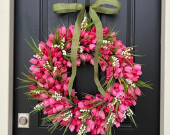 Handcrafted Pink Tulip Wreath with White Lily of the Valley, Spring Door Hanger for Front Door, Unique Gifts for Mom or Grandmother