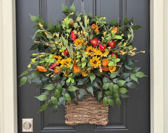 READY TO SHIP, Summer Cottage Twig Door Basket Wreath, Sunflower and Poppy Wildflowers Bouquet for Front Door, Handcrafted by Twoinspireyou