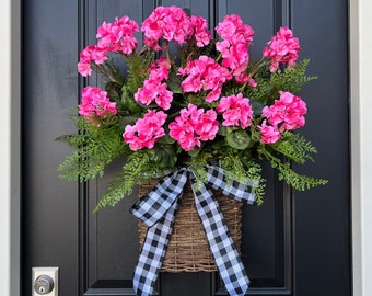 Summer Pink Geranium Basket, Front Door Baskets for Summer