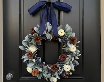 Simple Modern Winter Wreath, Pinecones and Lambs Ear Wreath