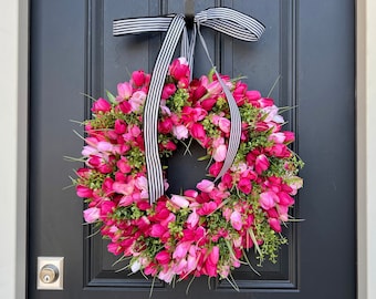 Pink Tulip Wreath, Spring Front Door Tulip Wreath