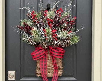 Winter Door Basket Wreath, Snowy Pinecones Door Basket, Red Berry and Pine Holiday Decoration for Front Door, Holiday Winter Pocket for Door