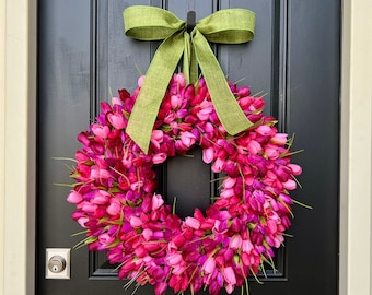 Spring Pink and Purple Tulip Wreaths, Spring Front Door Ornament, Door Wreaths, Mother's Day Wreath,  Easter Door Hanger