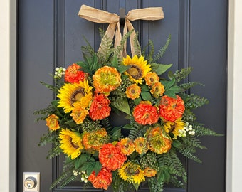 Faux Sunflower Wreath 22" | Front Door Spring Wreaths | Peony and Mum Summer Wreath | Summer Solstice Wreaths | Porch Decor Ideas