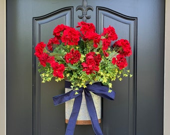 Red Geranium Basket for Front Door | Summer Door Bucket Wreath | Red Geranium Wreath | Americana Door Decor | Garden Basket