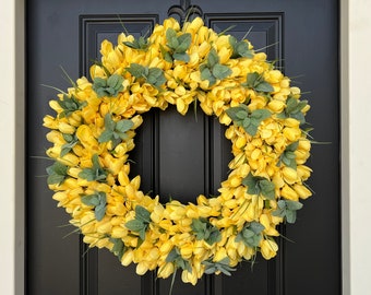 Yellow Tulip Wreaths, Spring Front Door Wreath, Best Gifts for Women, Cheerful Porch Decorations, Handcrafted by Twoinspireyou
