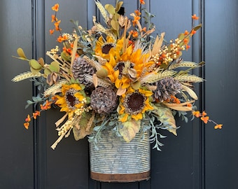 BEST SELLER 2023 Farmhouse Sunflower Door Bucket Wreath, Fall Bucket Wreath, Sunflower Basket, Fall Sunflower, Twoinspireyou, Trending Decor