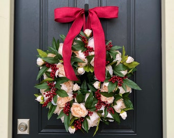 Cream Peony Wreath with Red Berries, BEST SELLER Holiday Wreath, Winter Wreaths for Front Door, Etsy Door Wreaths