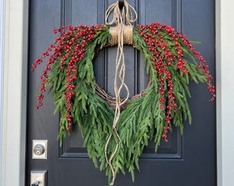 Norfolk Pine Door Wreath with Red Berries, Natural Touch Outdoor Christmas Crown, Real Touch Winter Evergreen Pine Hanger, Holiday Door Reef