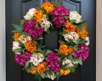 Spring Hydrangea and Peony Wreath for Front Door