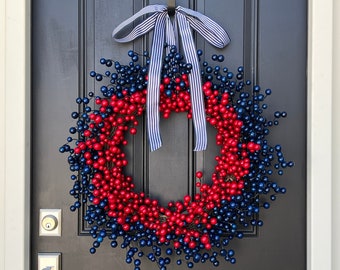 Patriotic Wreath, Red and Blue Berry Wreath, Independence Day Decor, Patriotic Home Decor