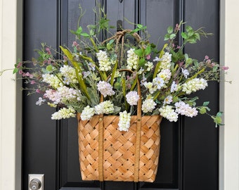 Spring Cottage Front Door Basket Wreath, Hyacinth Wildflowers Bouquet Door Hanging, Handcrafted by Twoinspireyou, Decorative Woven Basket