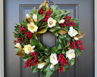 Home for the Holidays, Classic Christmas Wreath, Magnolia and Berry Holiday Wreath