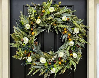 32" XL Outdoor Spring Wreath for Front Door Eucalyptus and Bayleaf with White Ranunculus and Blueberries for Everyday Decorating