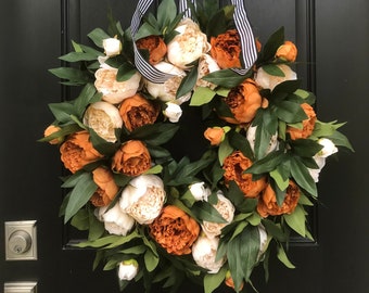 BEST SELLER Fall Wreaths for Front Door, 22" Fall Door Wreath, Coffee and Cream Peony Wreath,  Twoinspireyou