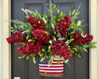 Patriotic Basket Wreath, 4th of July Decorations, Front Door Summer Wreaths