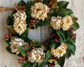 NEW FALL Magnolia Leaf Wreath with Rust Berries, Magnolia Door Hanging