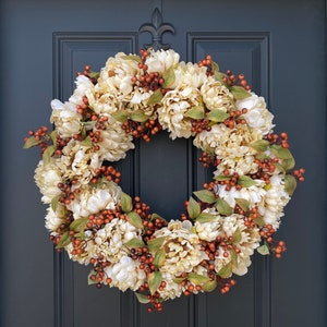 NEW Autumn Front Door Wreaths for 2023, Fall Cream Peony Wreath with Berries, Fall Door Hanger, Trending Wreaths for Fall, Twoinspireyou