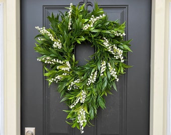 White Lily of the Valley and Greenery Wreath, Cascading Spring Greenery Wreath, Front Door Wreath for Summer